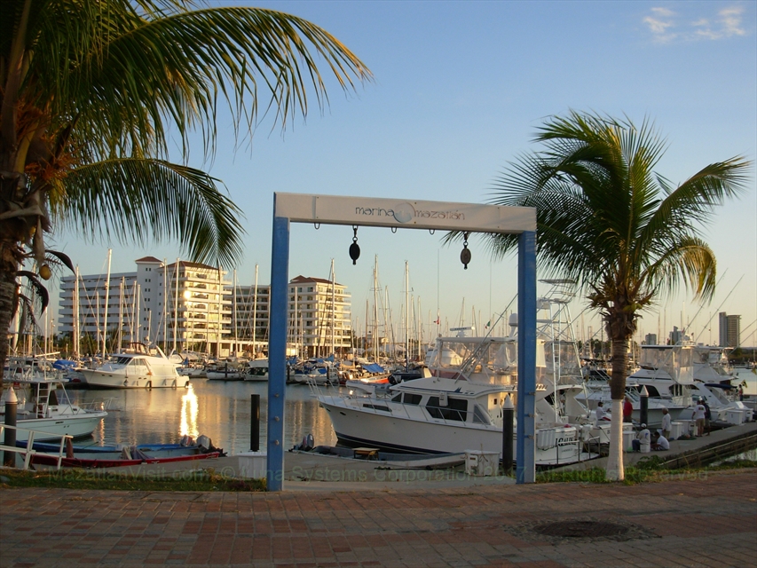 Scenic overview of the Marina Mazatlan waterways bordering the entertainment zones