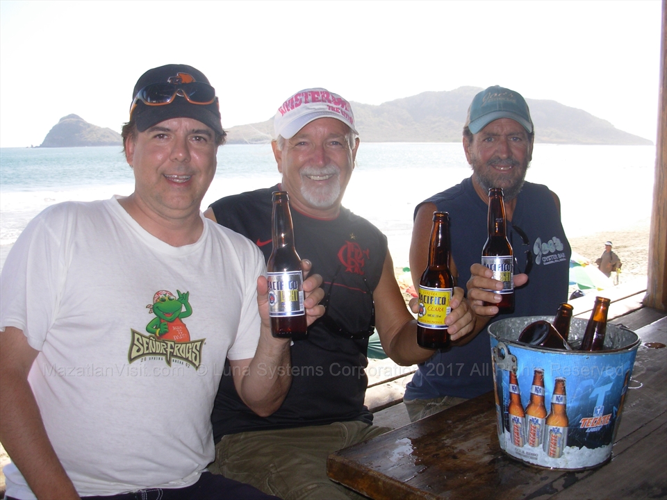Friends raising cold drinks together at a beachside bar counter