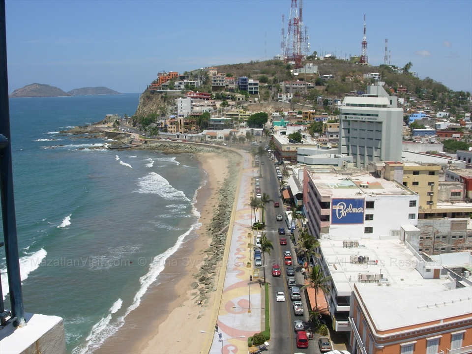 Scenic view of Olas Altas beach and old town architecture in Mazatlán, Mexico