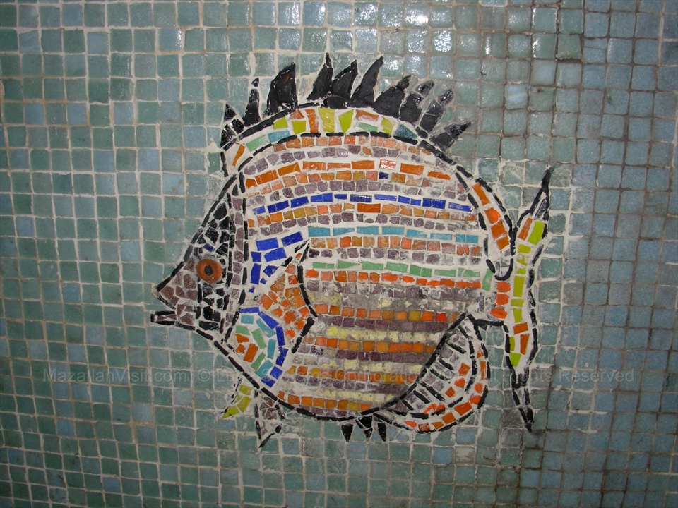 A detailed close-up of the vintage glass tilework inside the passageway