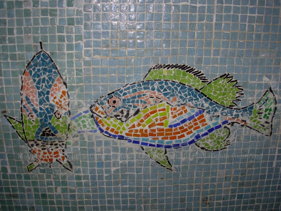 Tile mosaic of an octopus decorating the mid-century concrete walls
