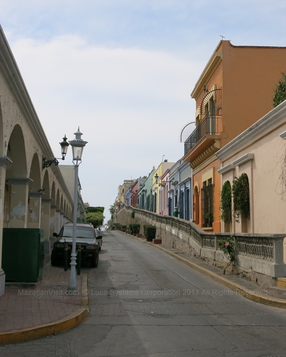 Picturesque colonial brick alleyway in the historic Centro Historico district of Mazatlán