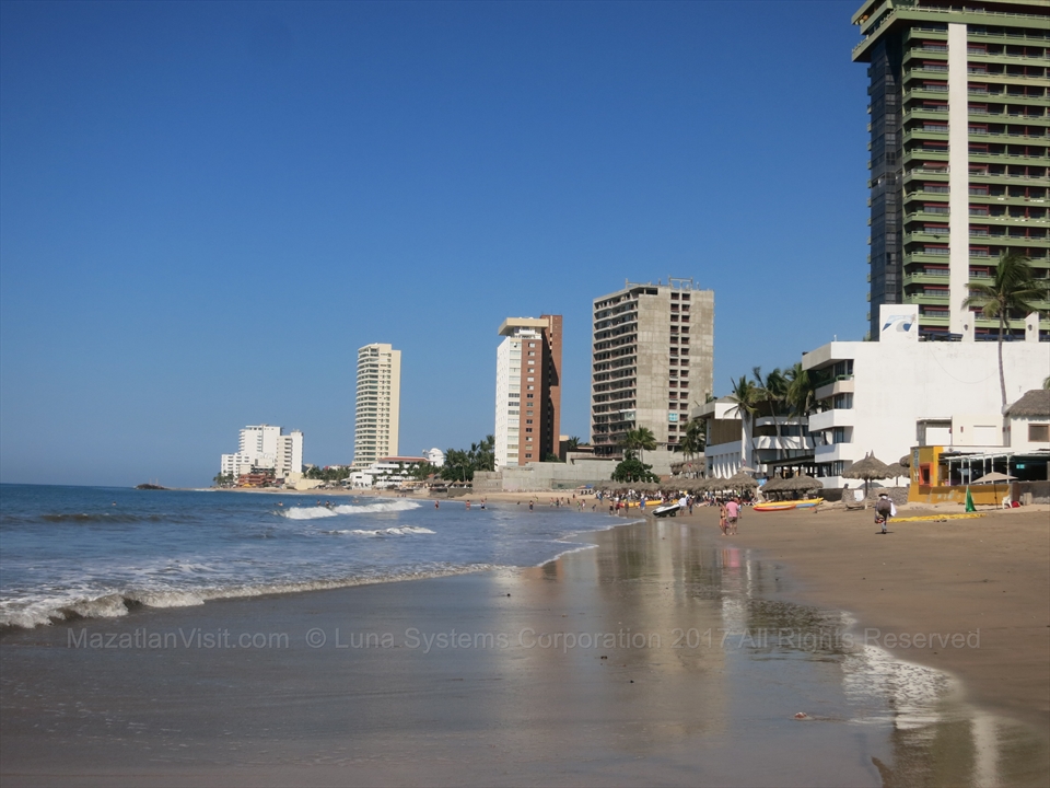 Bustling resort row along the Golden Zone in Mazatlán