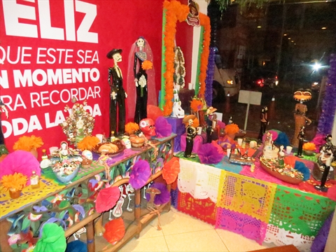 Elaborate traditional indoor altar setup in the lobby of Panama restaurant in Mazatlán