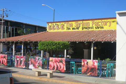 The central entrance signage at The Shrimp Factory in the Golden Zone