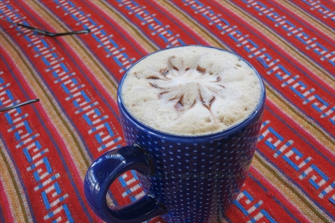 Freshly brewed specialty lattes and fruit breakfast plates on the terrace