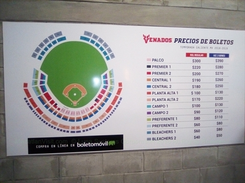 Display placard board showing seating chart rows and price codes