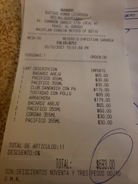 Itemized restaurant dining bill detailing lines for service