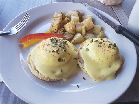 Gourmet eggs benedict breakfast plate served at Allegro Caffe