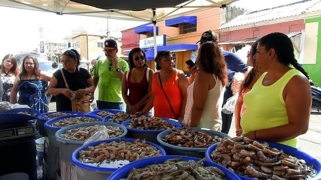 Local women sitting under umbrellas selling fresh shrimp from large blue tubs