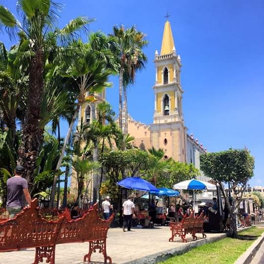 The central gazebo and stone walking pathways of Plaza República in downtown Mazatlán