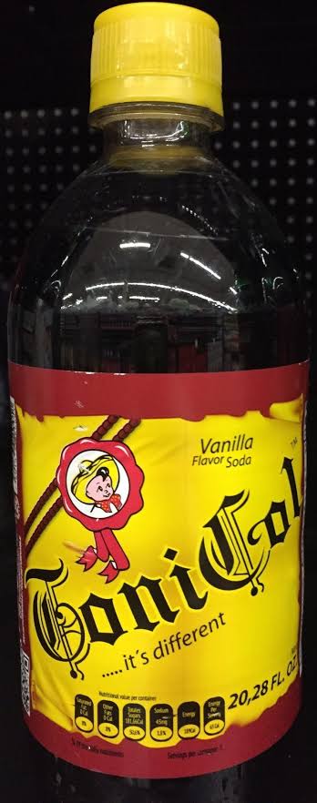 Bottles of ToniCol vanilla soda on a store shelf