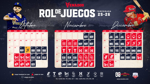 Official calendar spreadsheet layout showing all home and away blocks for Venados baseball