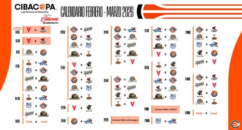 Official 2026 Mazatlán Venados professional basketball team calendar schedule sheet