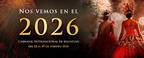 Official decorative advertising banner graphic artwork for the 2026 Mazatlán Carnaval calendar loop