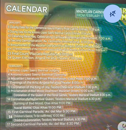 Official operational calendar grid listing dates for all coronation shows and parades